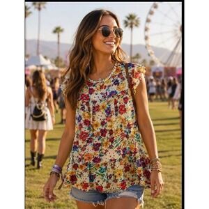 HAPTICS XL by Holly Harper Mint Flora Flutter Sleeve Ruffle Springtime Floral